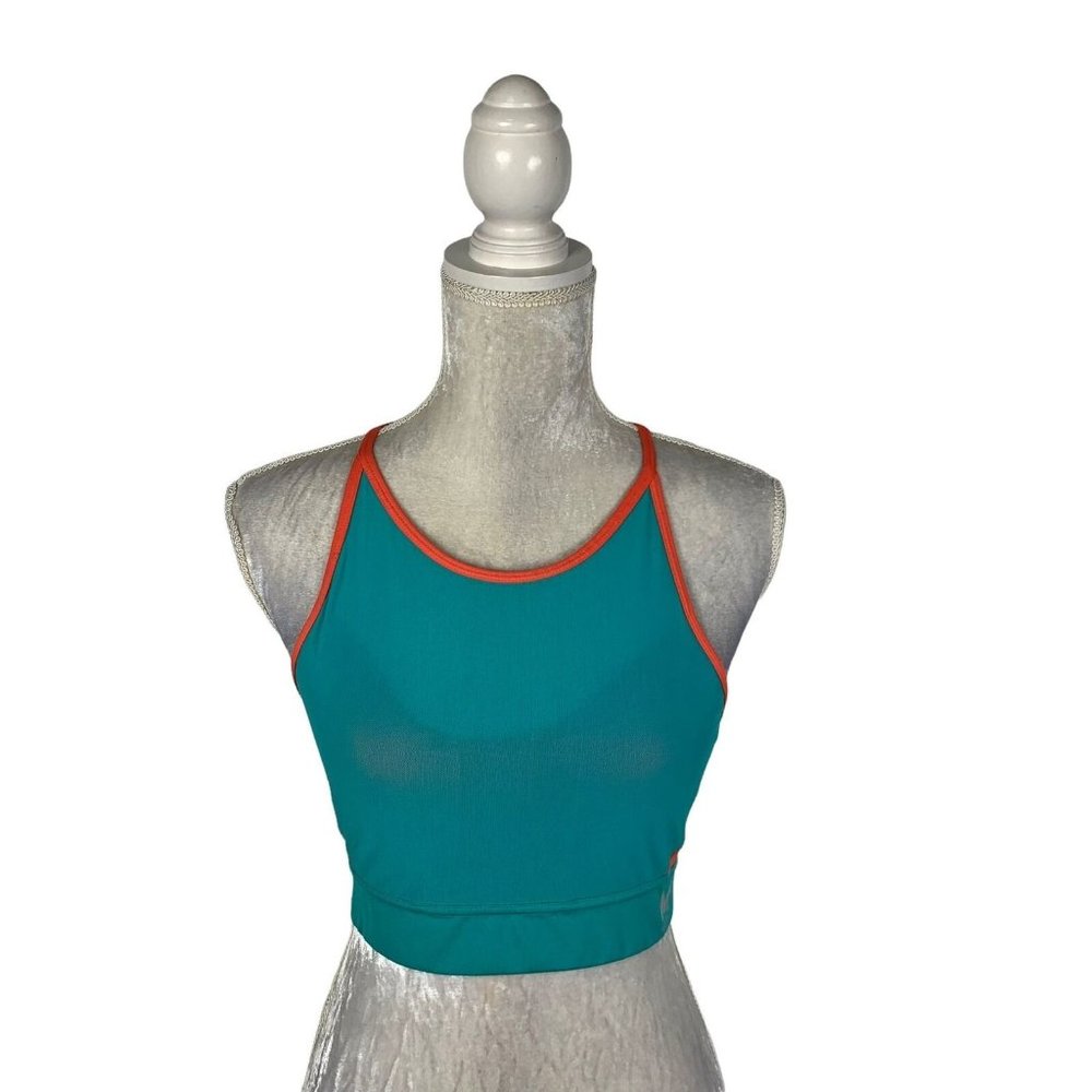 Mission High Neck Sports Bra‎ Teal Orange Mesh Overlay Criss Cross Back M